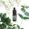 A bottle of CBD oil encircled by lush green leaves.